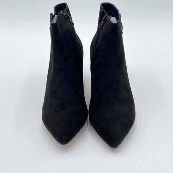 Black Suede Women Pointed Toe Ankle Boots Low Heel Strappy Buckle Dress Shoes - Picture 2 of 5